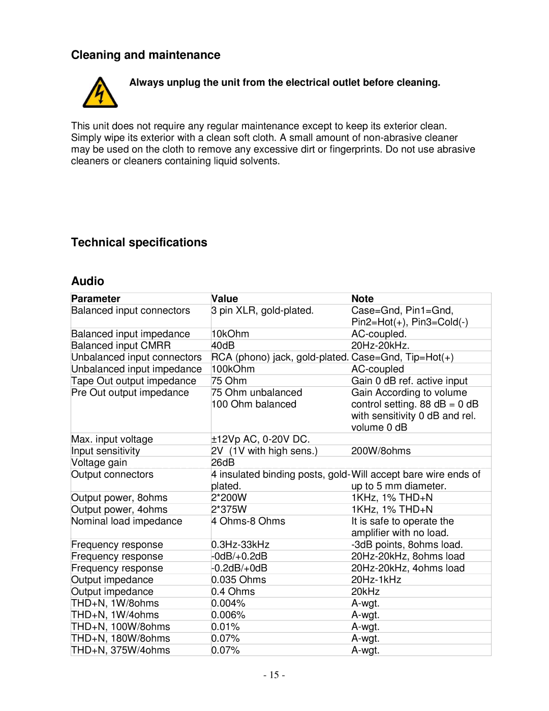 Lyngdorf Audio SDAI 2175 owner manual Cleaning and maintenance, Technical specifications Audio 