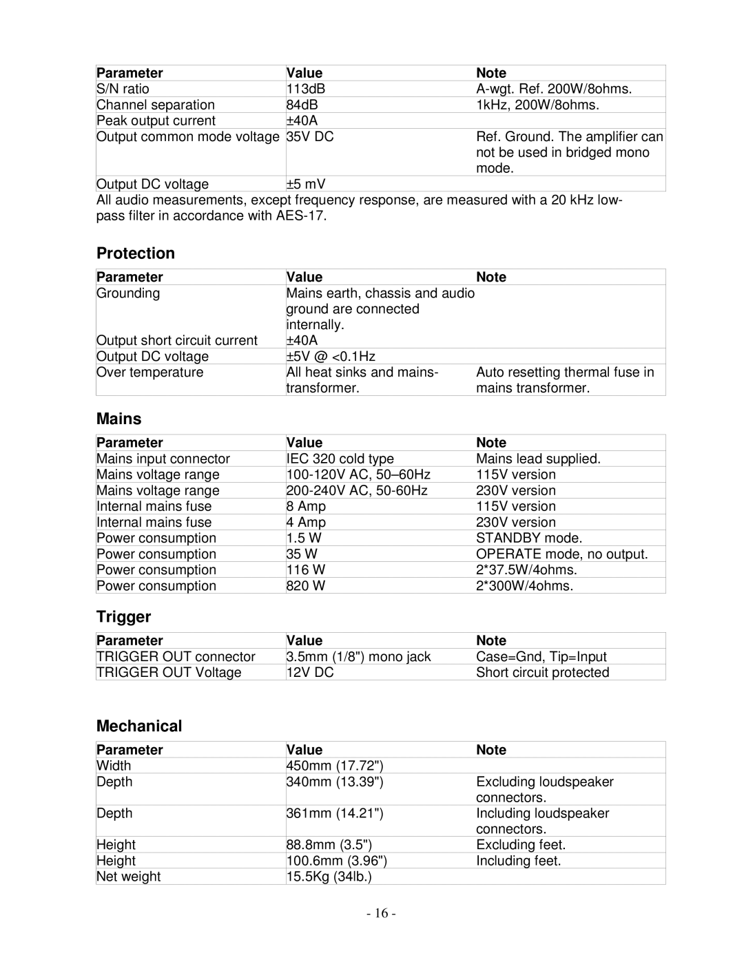 Lyngdorf Audio SDAI 2175 owner manual Protection, Mains, Trigger, Mechanical 