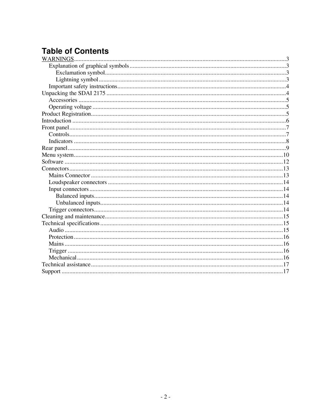 Lyngdorf Audio SDAI 2175 owner manual Table of Contents 