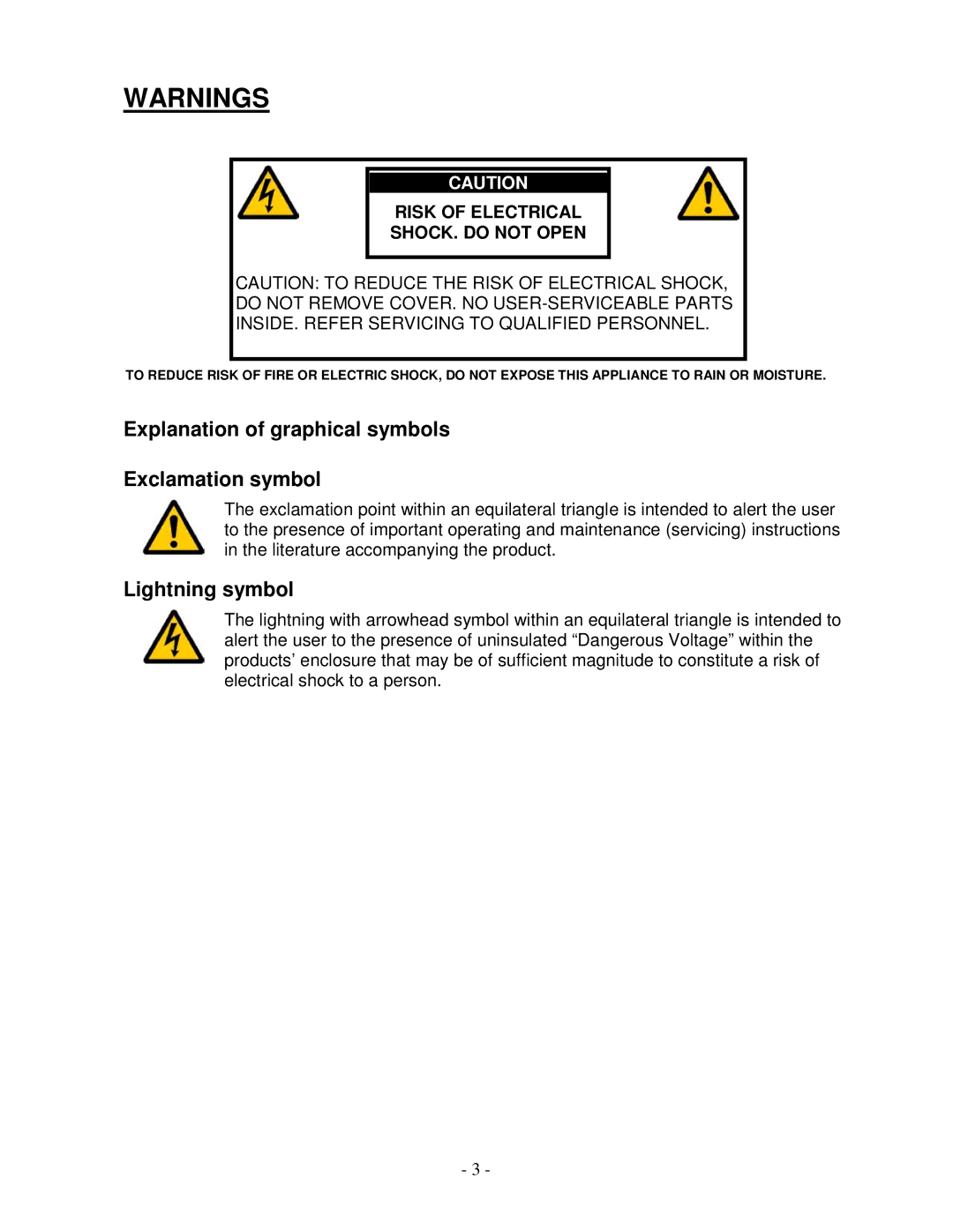 Lyngdorf Audio SDAI 2175 owner manual Explanation of graphical symbols Exclamation symbol, Lightning symbol 