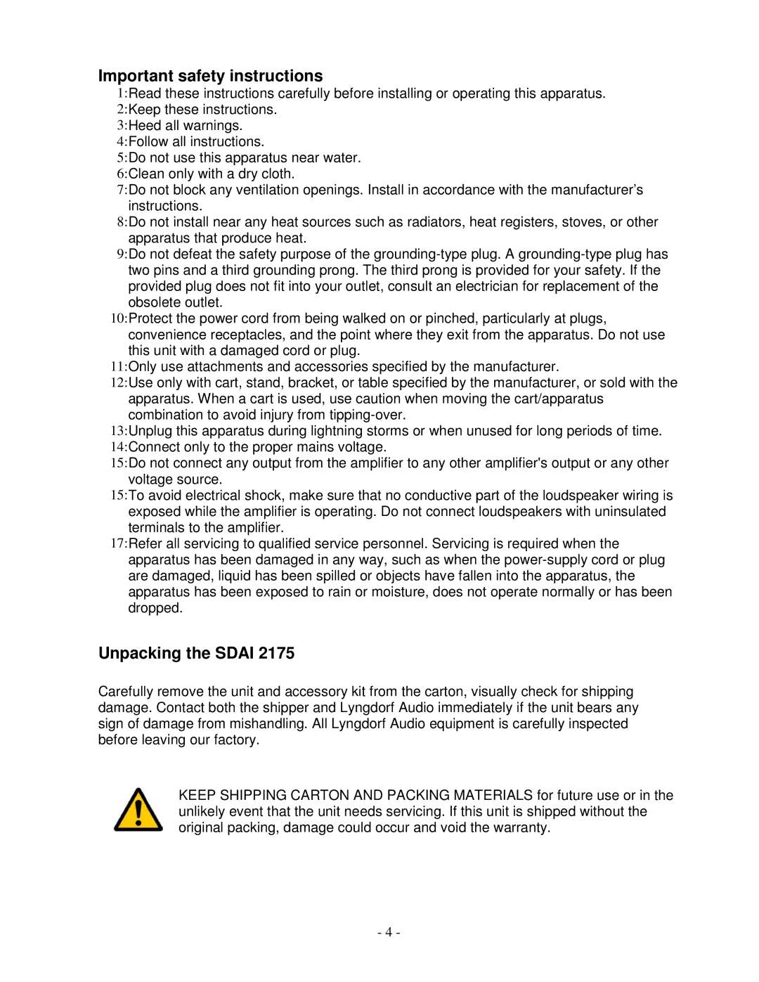 Lyngdorf Audio SDAI 2175 owner manual Important safety instructions, Unpacking the Sdai 