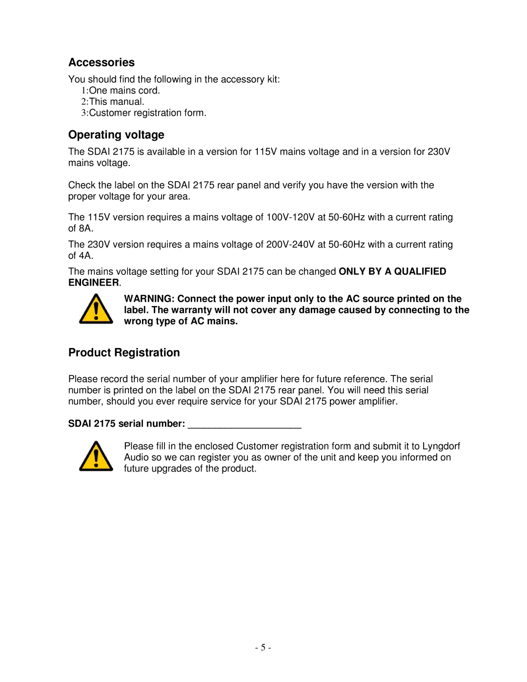 Lyngdorf Audio SDAI 2175 owner manual Accessories, Operating voltage, Product Registration 