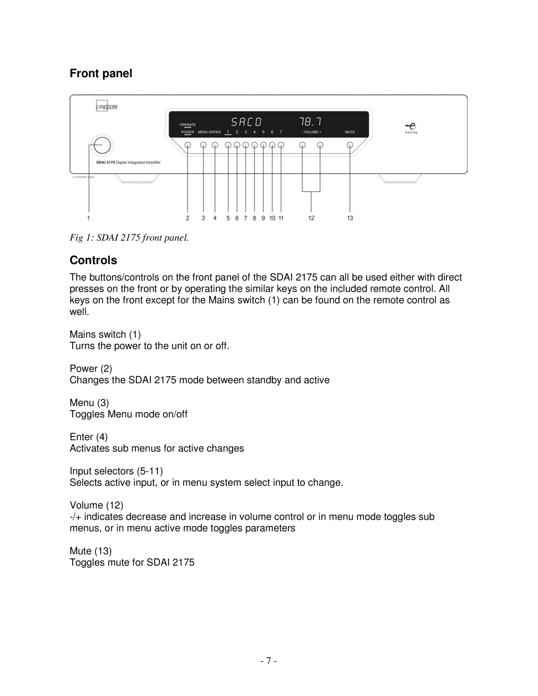 Lyngdorf Audio SDAI 2175 owner manual Front panel, Controls 