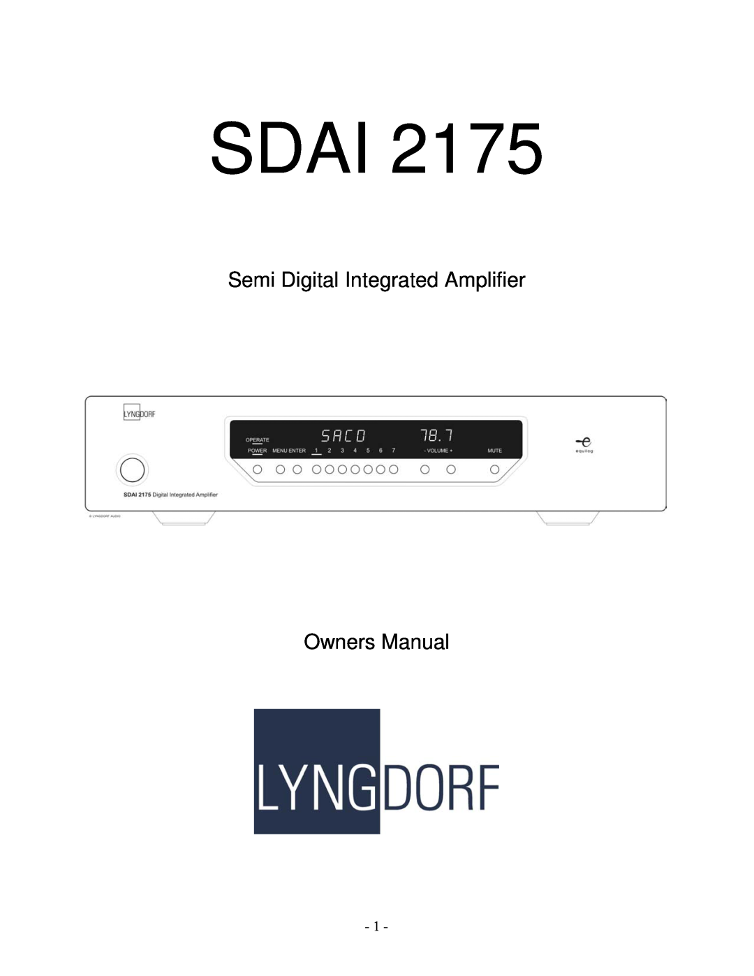 Lyngdorf Audio SDAI 2175 owner manual Sdai 