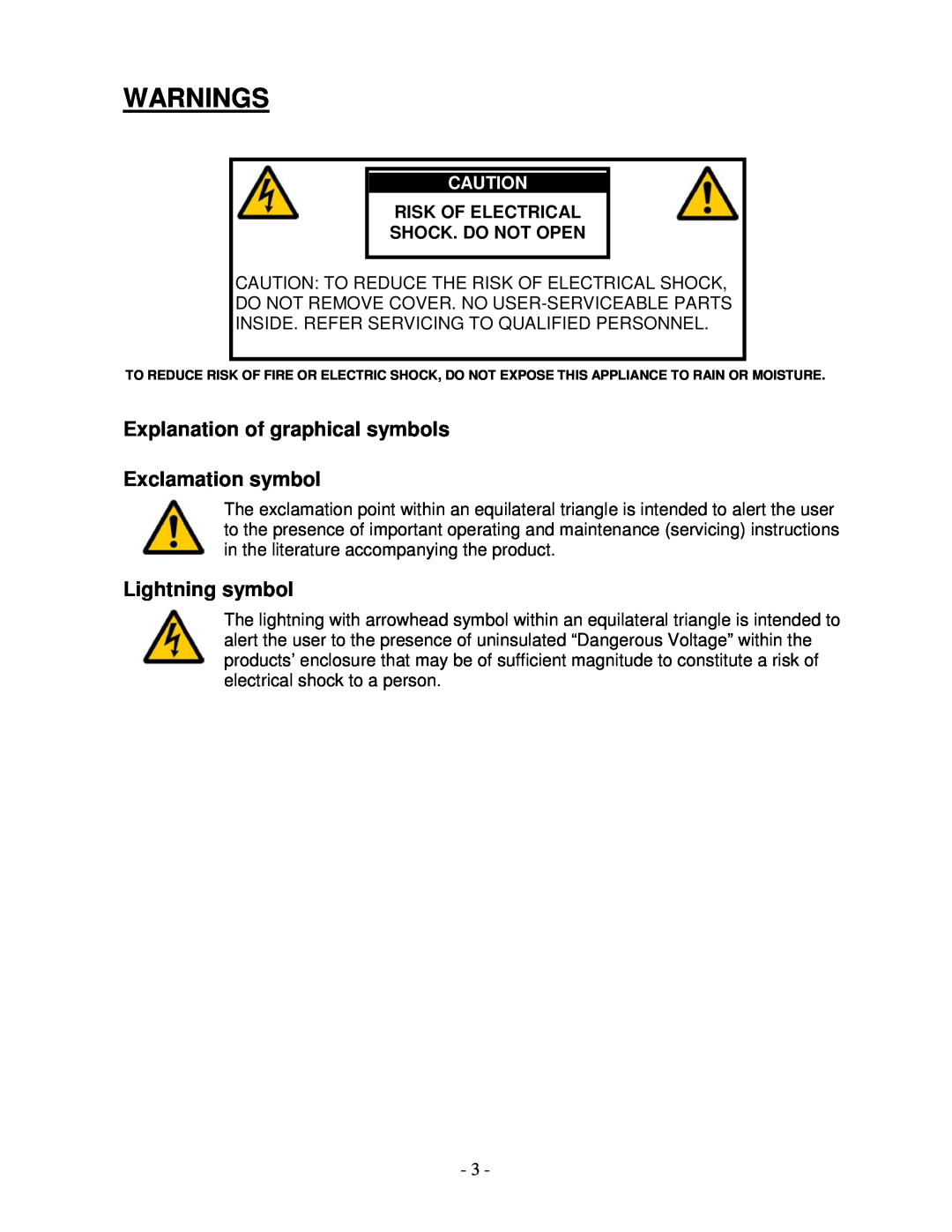 Lyngdorf Audio SDAI 2175 owner manual Explanation of graphical symbols, Exclamation symbol, Lightning symbol, Warnings 