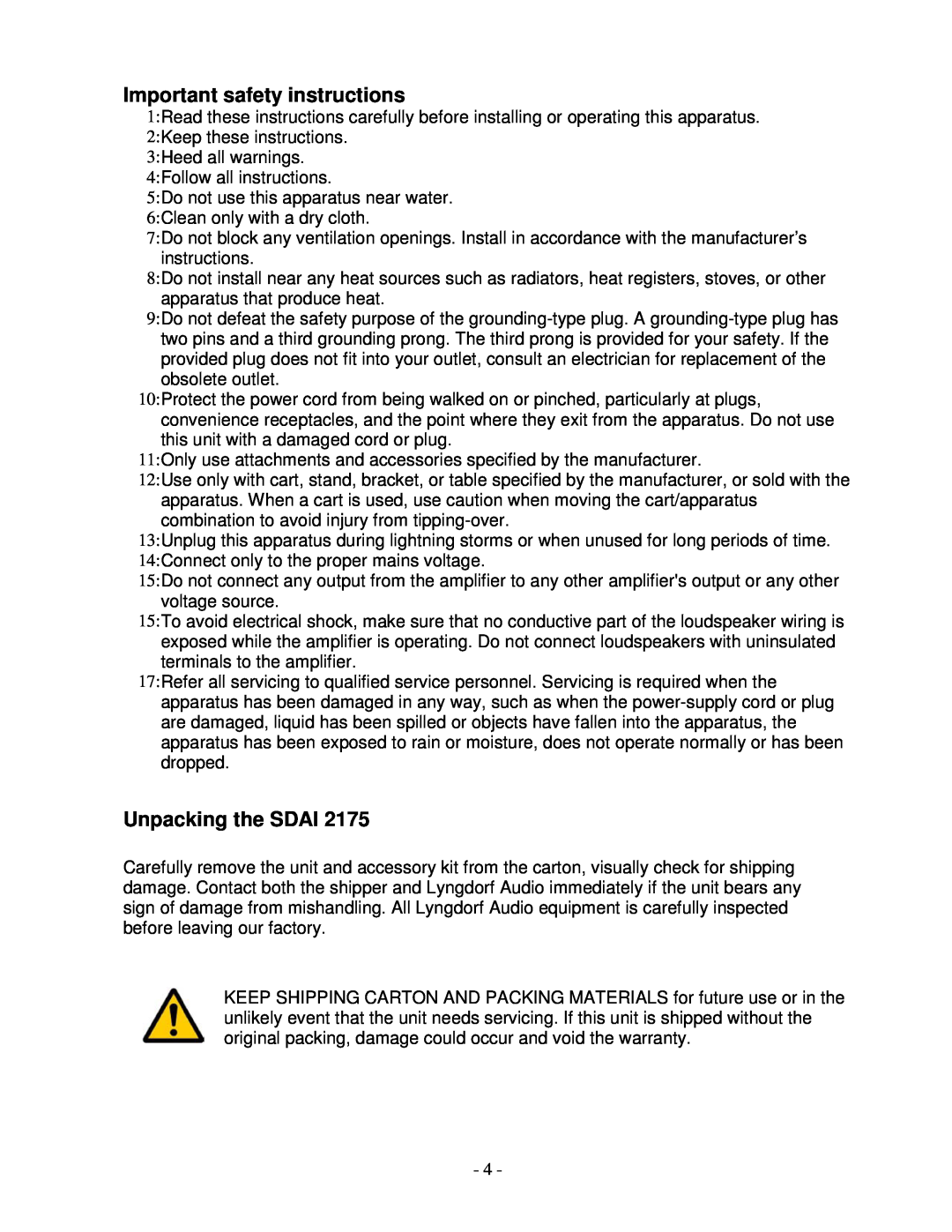 Lyngdorf Audio SDAI 2175 owner manual Important safety instructions, Unpacking the SDAI 