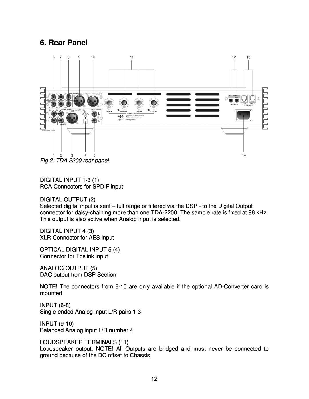 Lyngdorf Audio owner manual Rear Panel, TDA 2200 rear panel 