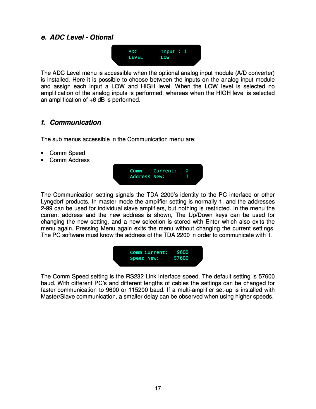 Lyngdorf Audio TDA 2200 owner manual e. ADC Level - Otional, f. Communication 