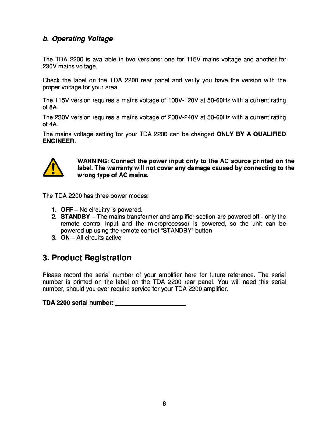 Lyngdorf Audio TDA 2200 owner manual Product Registration, b. Operating Voltage 