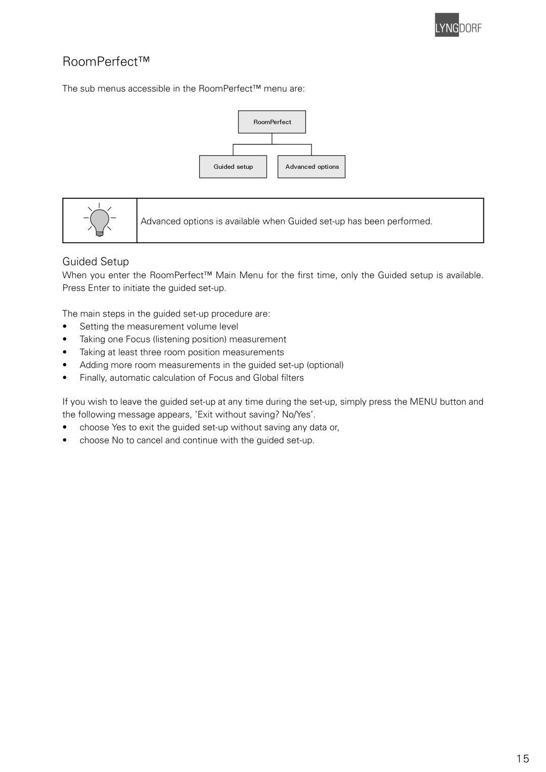 Lyngdorf Audio TDAI 2200 owner manual RoomPerfect, Guided Setup 