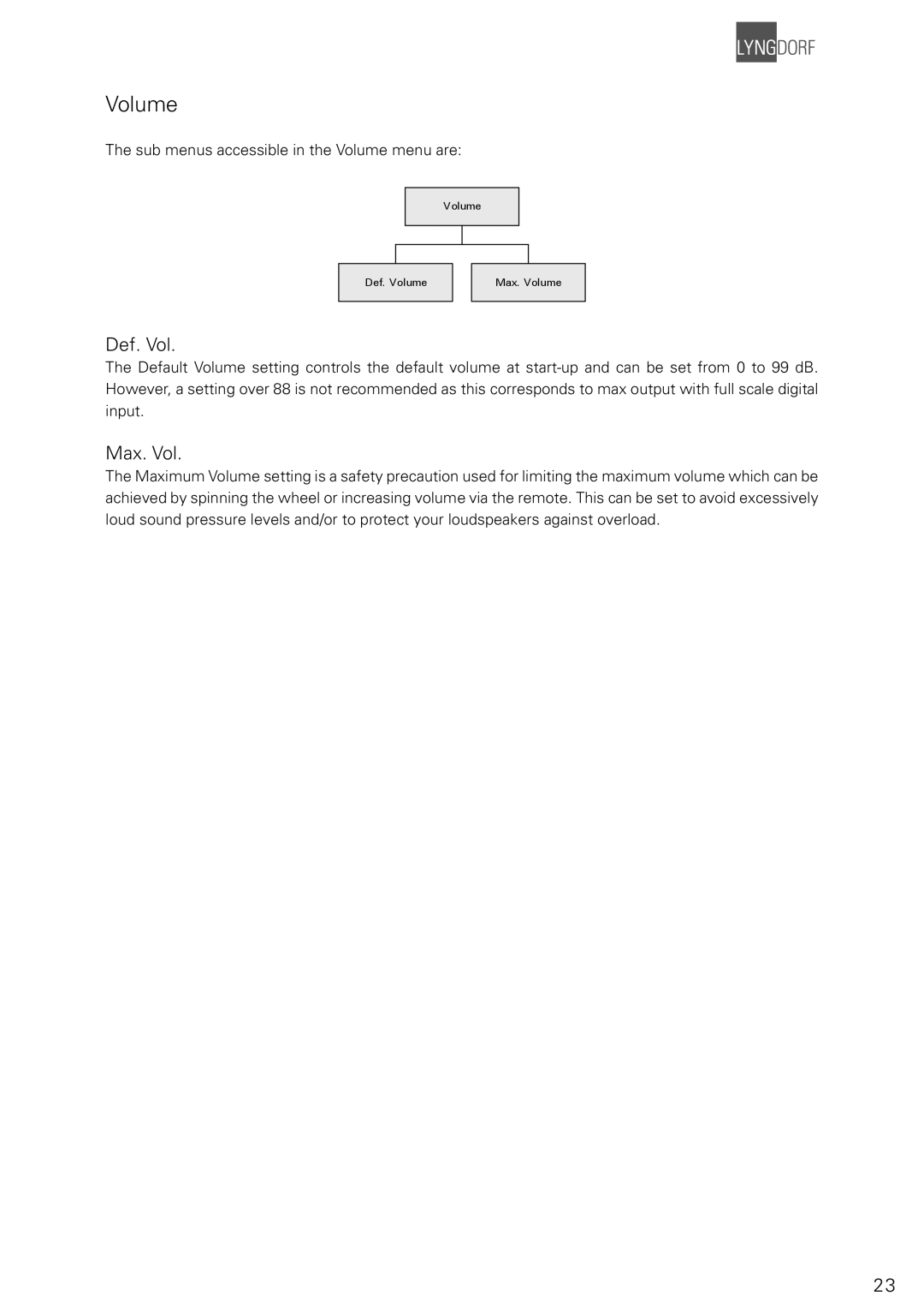 Lyngdorf Audio TDAI 2200 owner manual Volume, Def. Vol, Max. Vol 