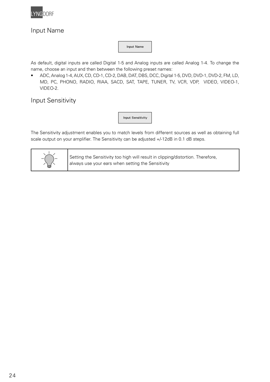 Lyngdorf Audio TDAI 2200 owner manual Input Name, Input Sensitivity 