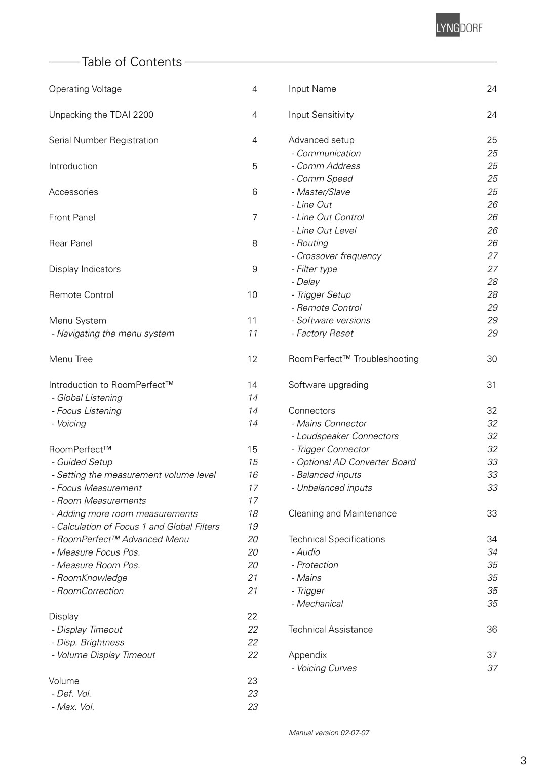 Lyngdorf Audio TDAI 2200 owner manual Table of Contents 