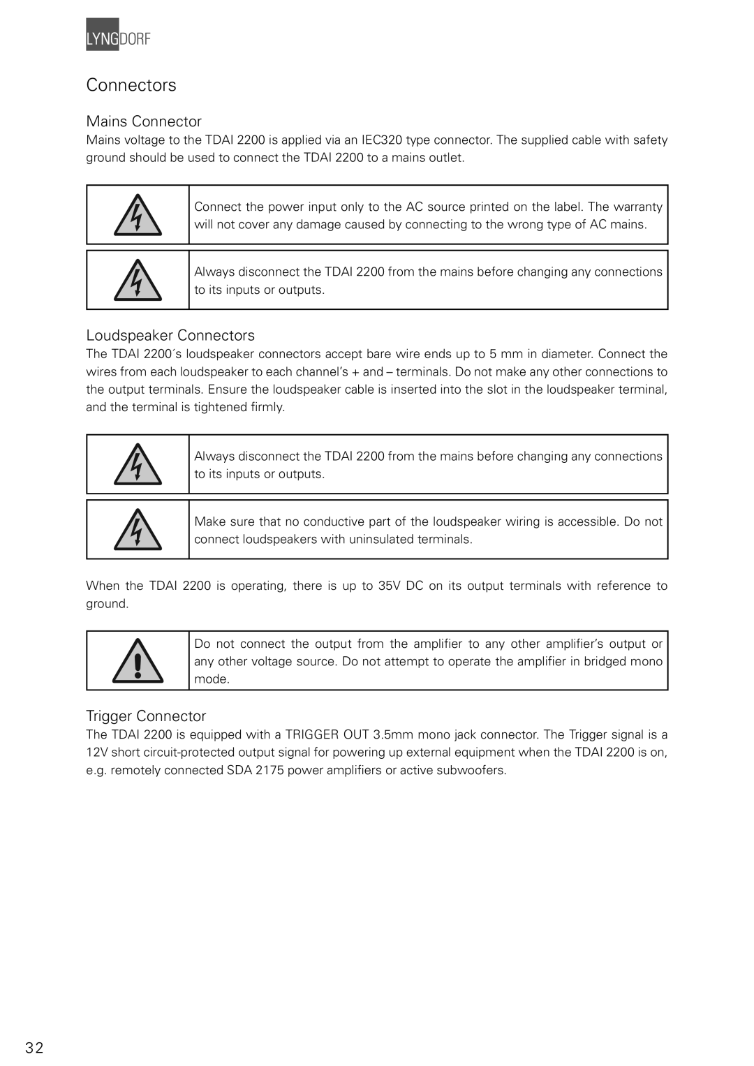 Lyngdorf Audio TDAI 2200 owner manual Mains Connector, Loudspeaker Connectors, Trigger Connector 