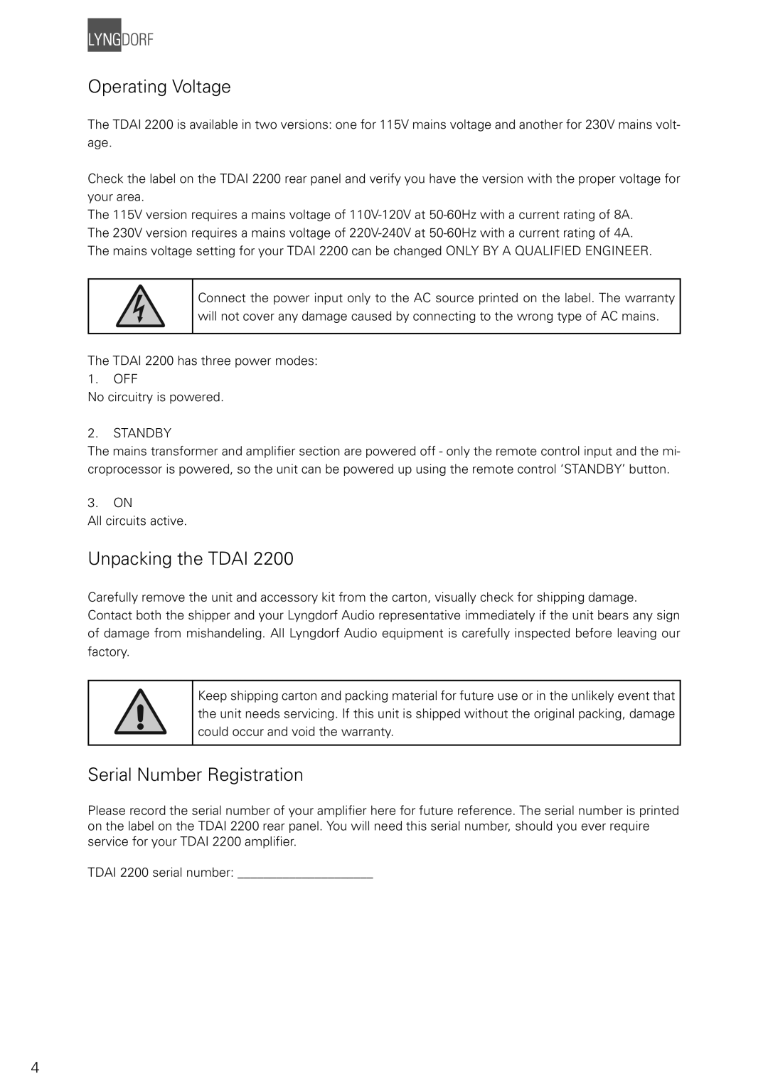 Lyngdorf Audio TDAI 2200 owner manual Operating Voltage, Unpacking the Tdai, Serial Number Registration 