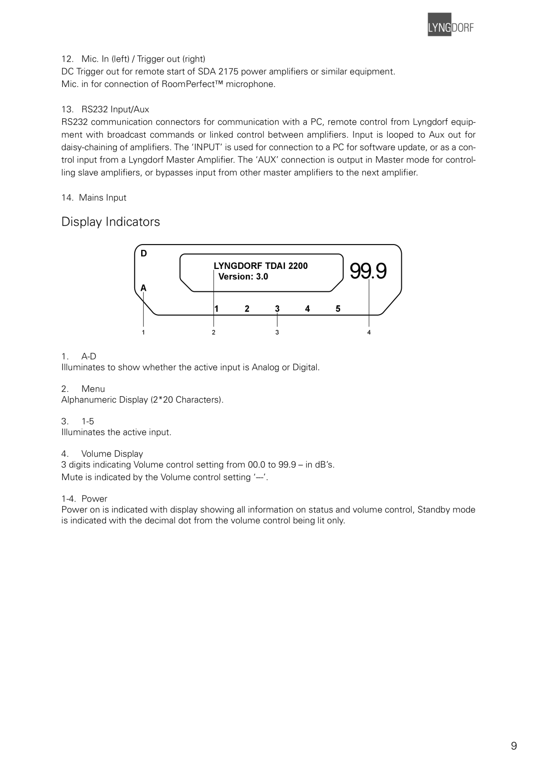 Lyngdorf Audio TDAI 2200 owner manual Display Indicators, Lyngdorf Tdai 