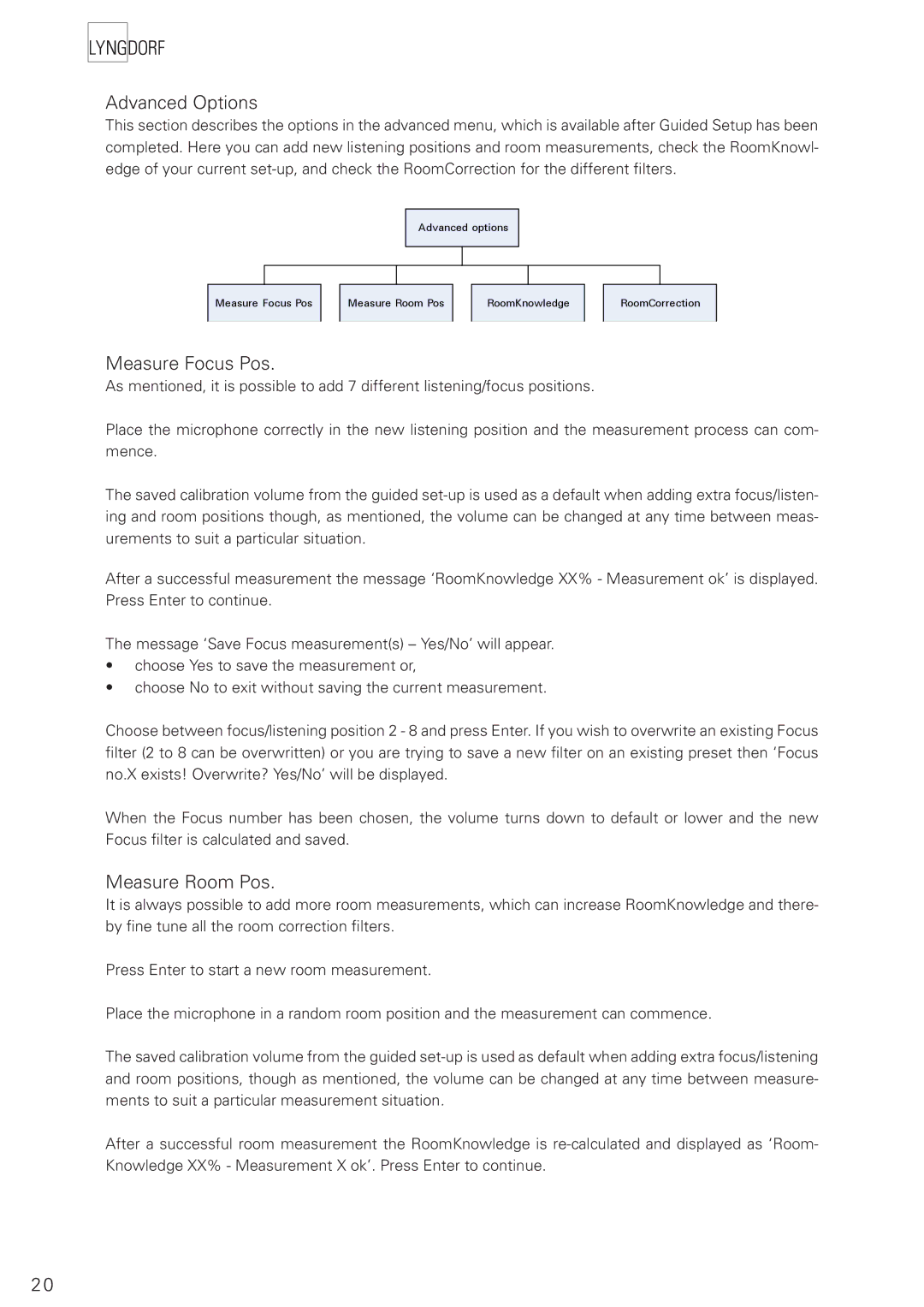 Lyngdorf Audio TDAI 2200 owner manual Advanced Options, Measure Focus Pos, Measure Room Pos 