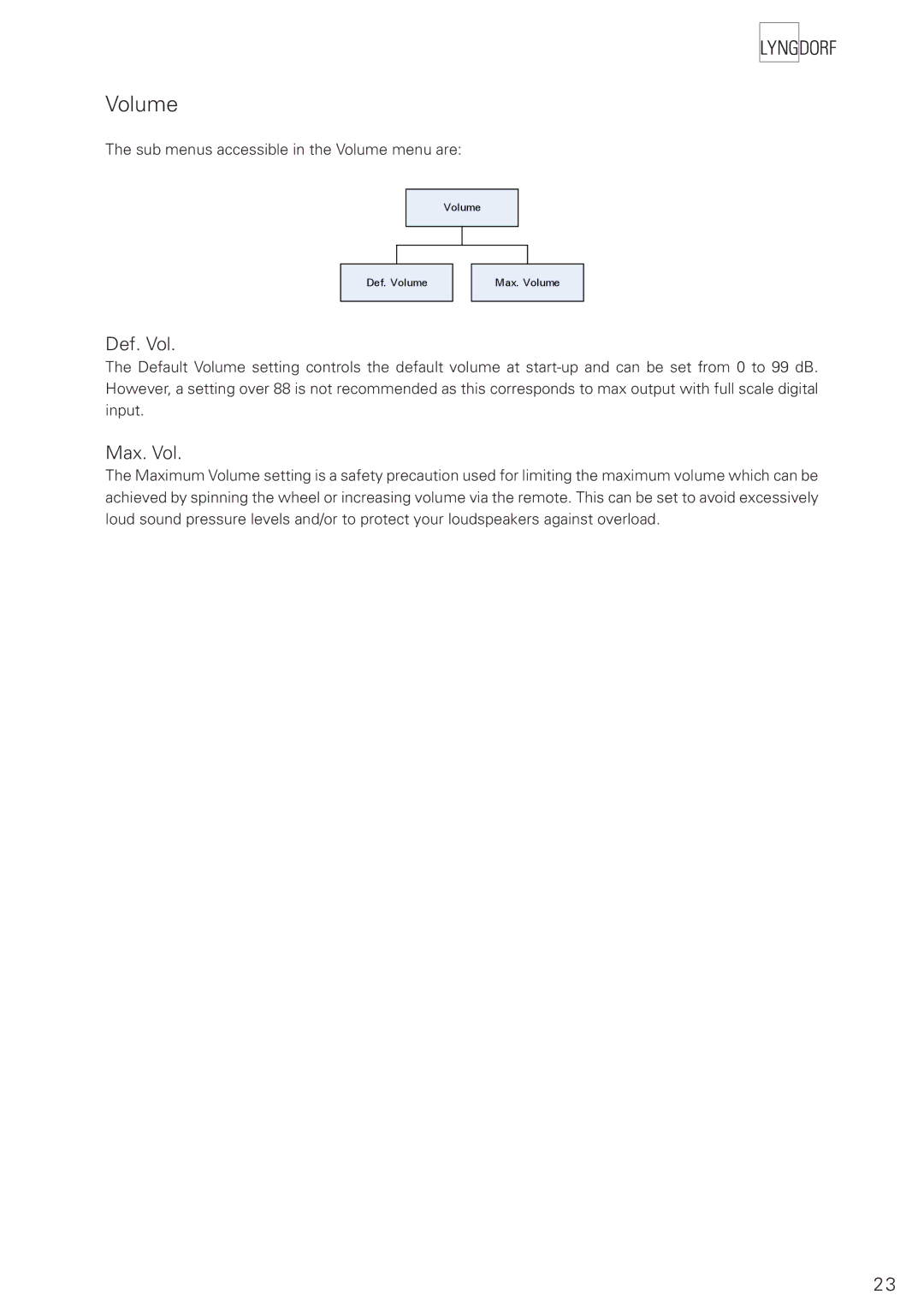 Lyngdorf Audio TDAI 2200 owner manual Volume, Def. Vol, Max. Vol 
