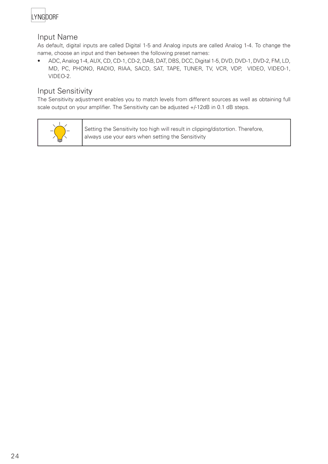 Lyngdorf Audio TDAI 2200 owner manual Input Name, Input Sensitivity 