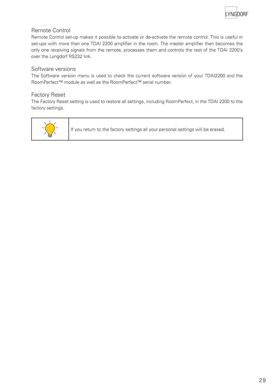 Lyngdorf Audio TDAI 2200 owner manual Remote Control, Software versions, Factory Reset 