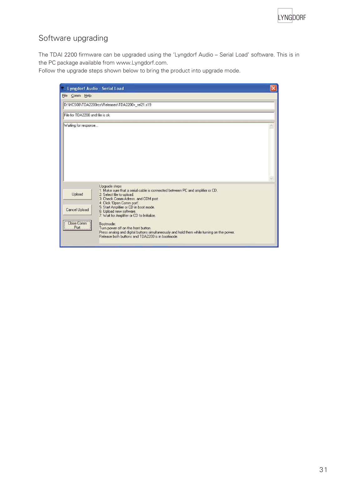 Lyngdorf Audio TDAI 2200 owner manual Software upgrading 