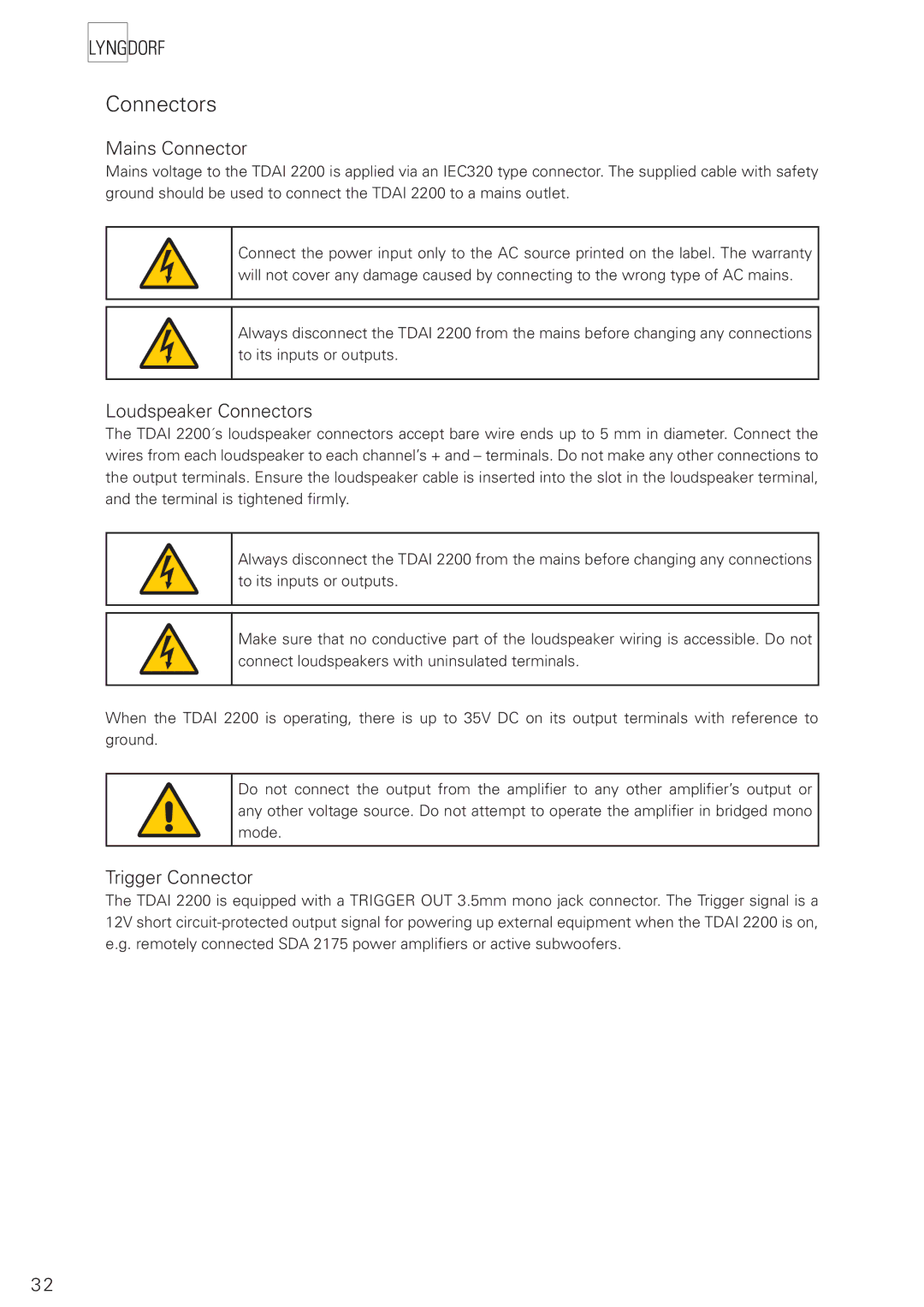 Lyngdorf Audio TDAI 2200 owner manual Mains Connector, Loudspeaker Connectors, Trigger Connector 