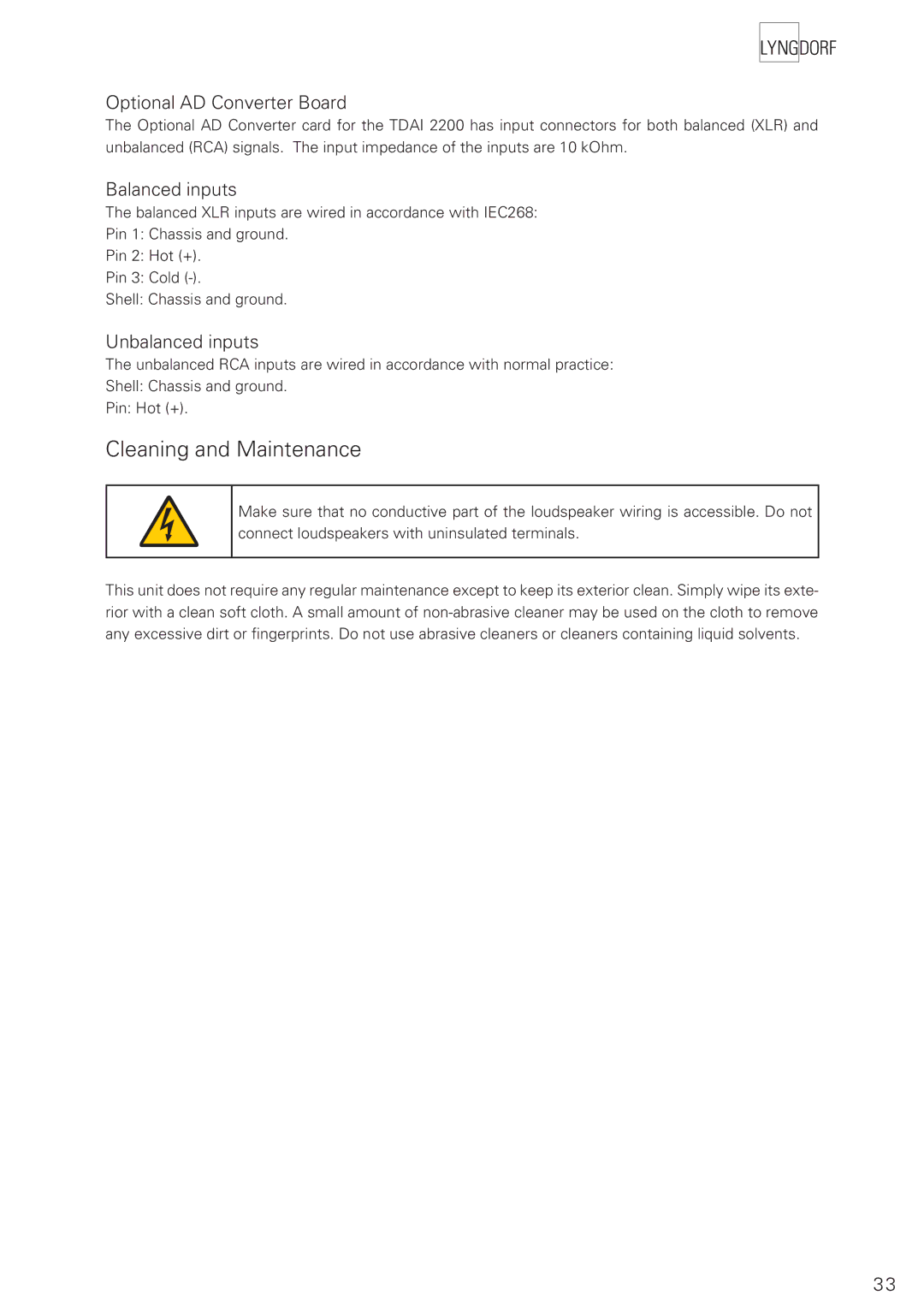 Lyngdorf Audio TDAI 2200 Cleaning and Maintenance, Optional AD Converter Board, Balanced inputs, Unbalanced inputs 