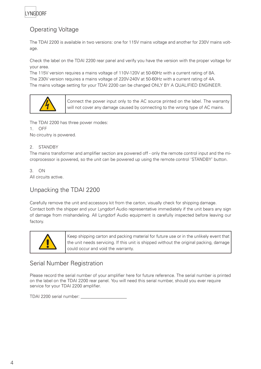 Lyngdorf Audio TDAI 2200 owner manual Operating Voltage, Unpacking the Tdai, Serial Number Registration 