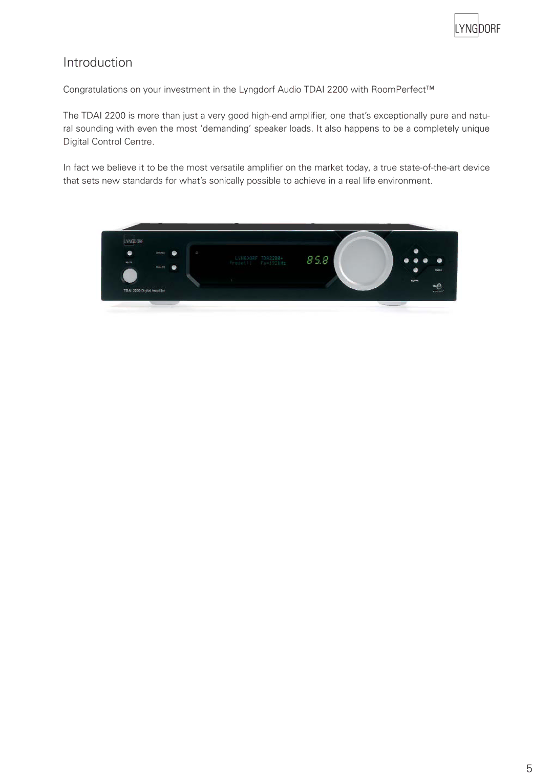 Lyngdorf Audio TDAI 2200 owner manual Introduction 