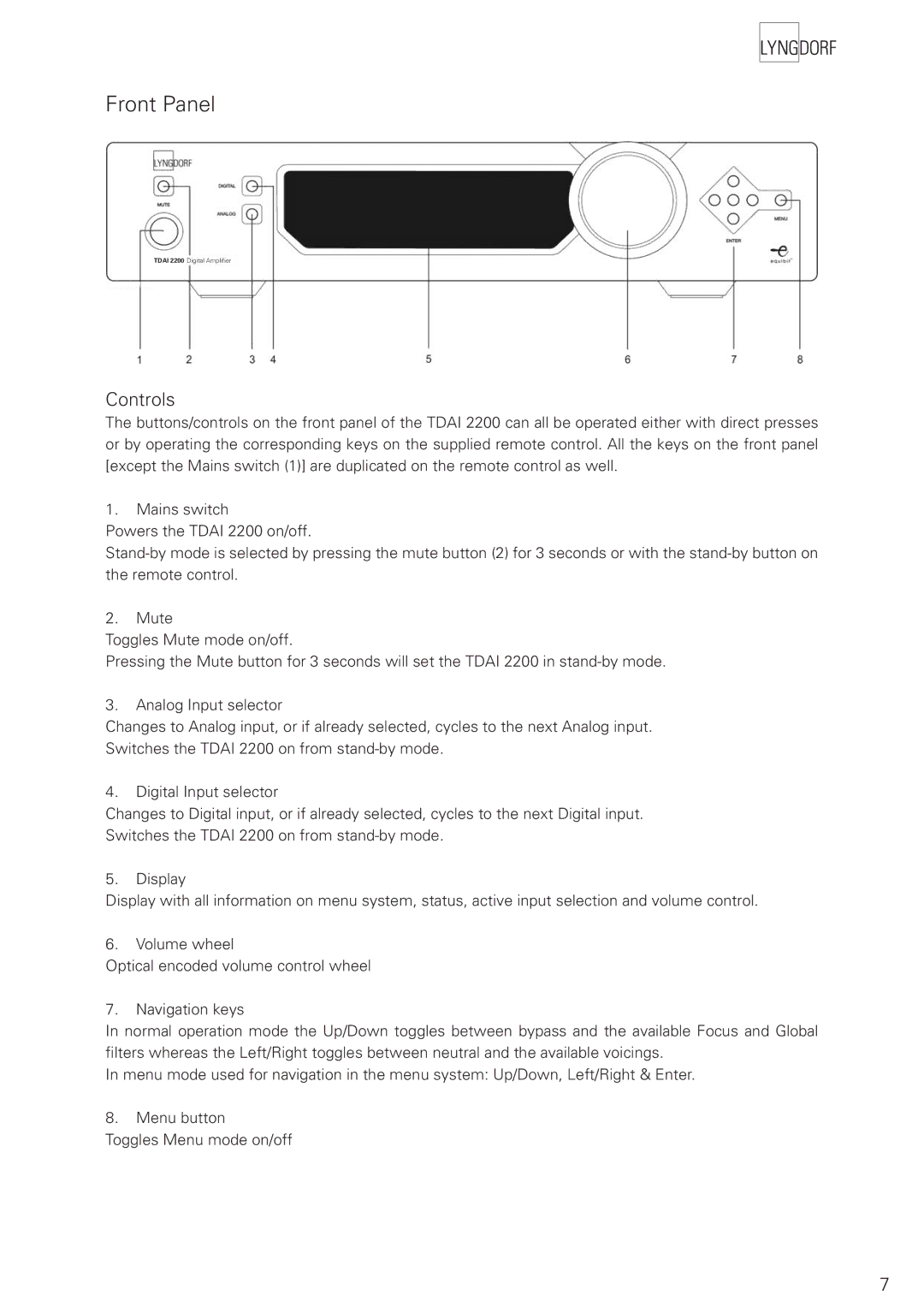 Lyngdorf Audio TDAI 2200 owner manual Front Panel, Controls 