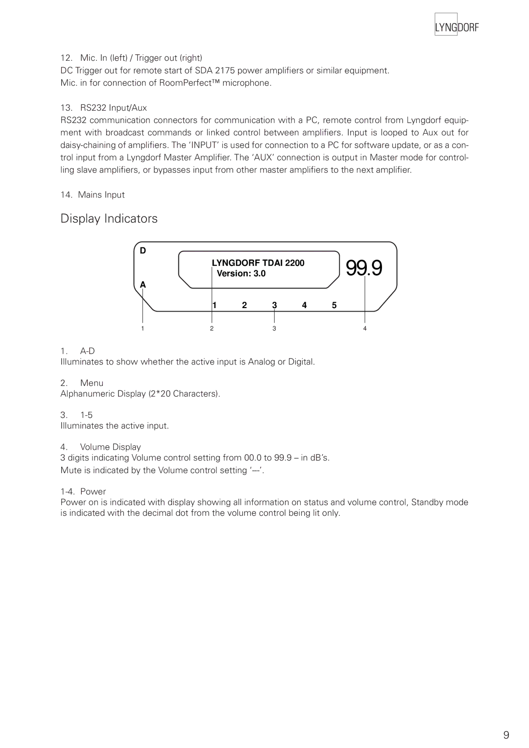 Lyngdorf Audio TDAI 2200 owner manual Display Indicators, Lyngdorf Tdai 