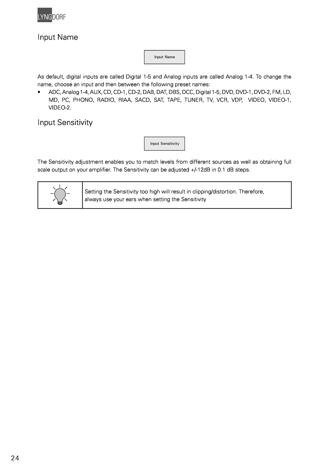 Lyngdorf Audio TDAI 2200 owner manual Input Name, Input Sensitivity 