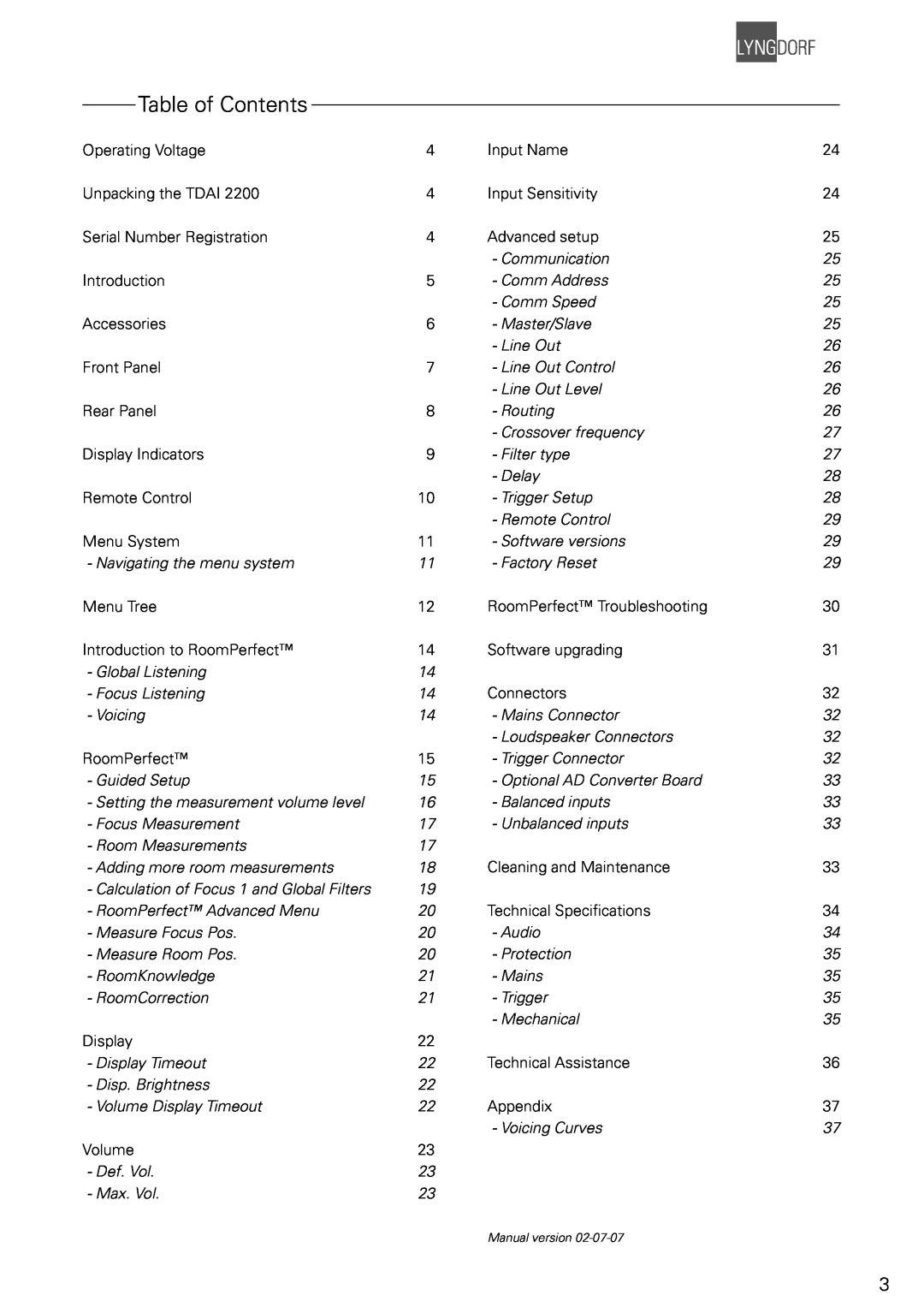 Lyngdorf Audio TDAI 2200 owner manual Table of Contents 