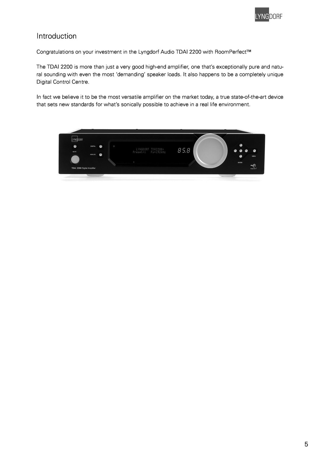 Lyngdorf Audio TDAI 2200 owner manual Introduction 