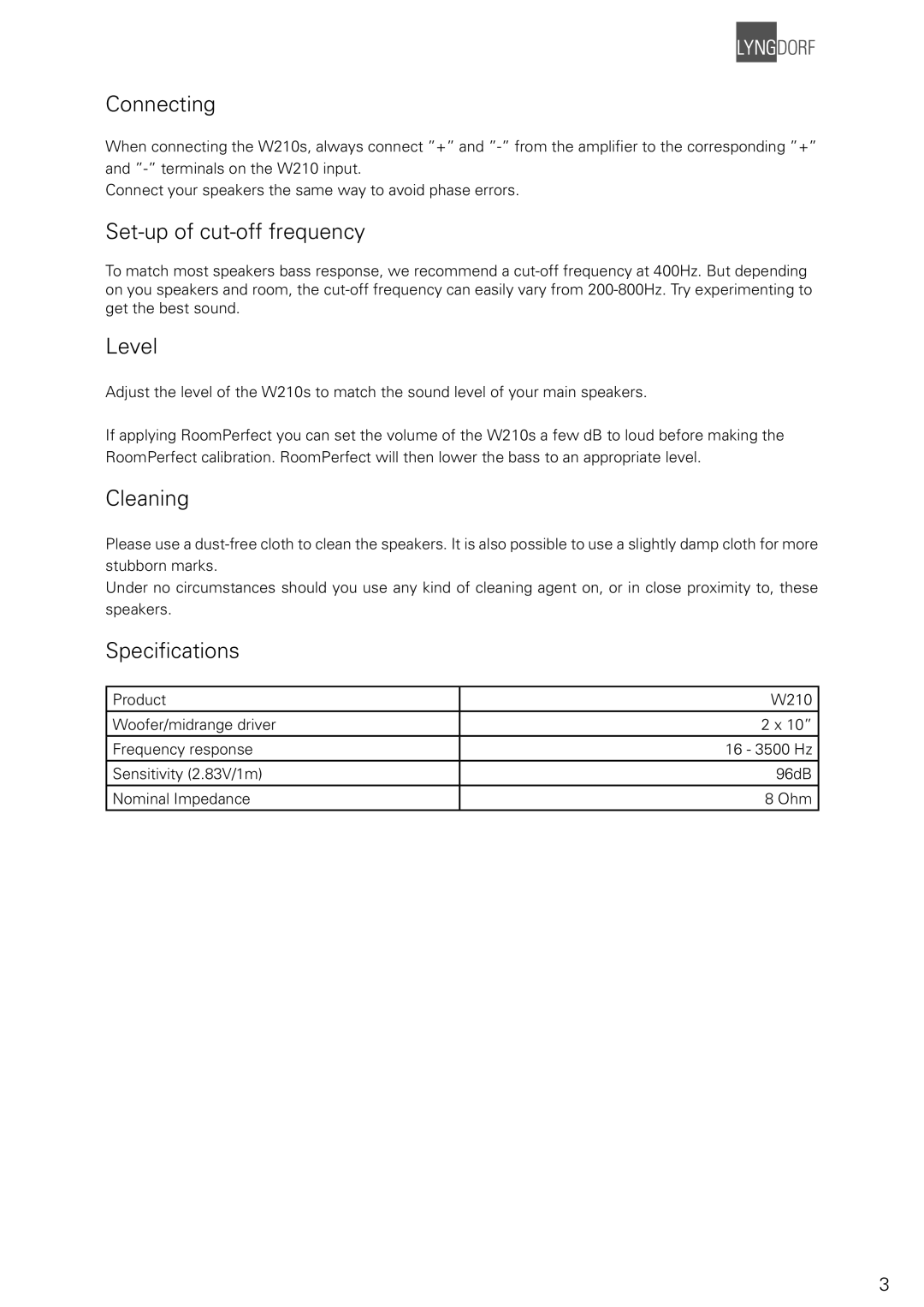 Lyngdorf Audio W-210 owner manual Connecting, Set-up of cut-off frequency, Level, Cleaning, Speciﬁcations 