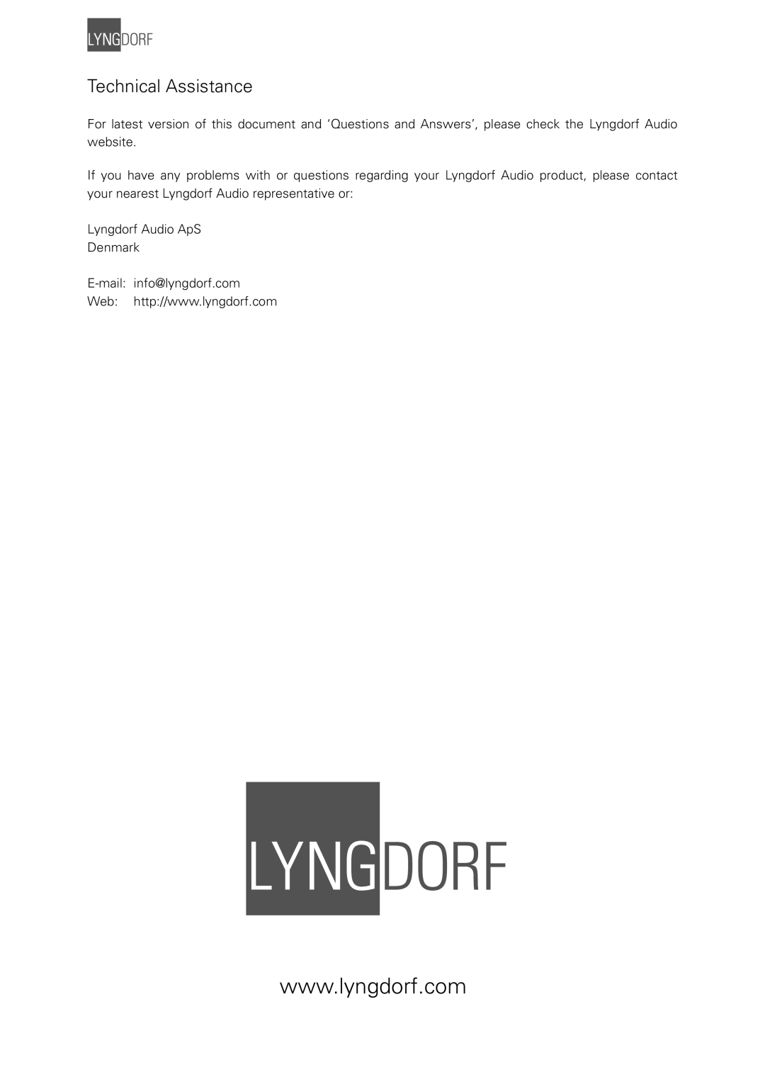 Lyngdorf Audio W-210 owner manual Technical Assistance 