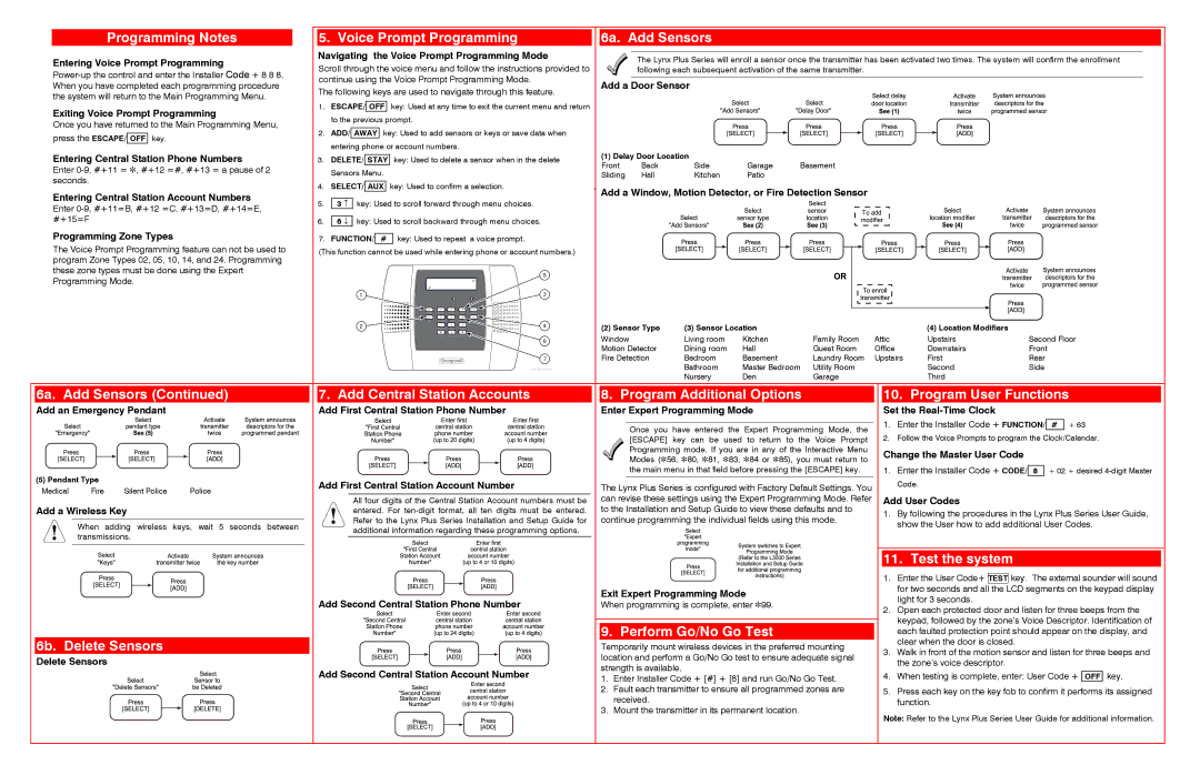 Lynx 1000-300-011-V0 Programming Notes Voice Prompt Programming 6a. Add Sensors, Test the system, Perform Go/No Go Test 