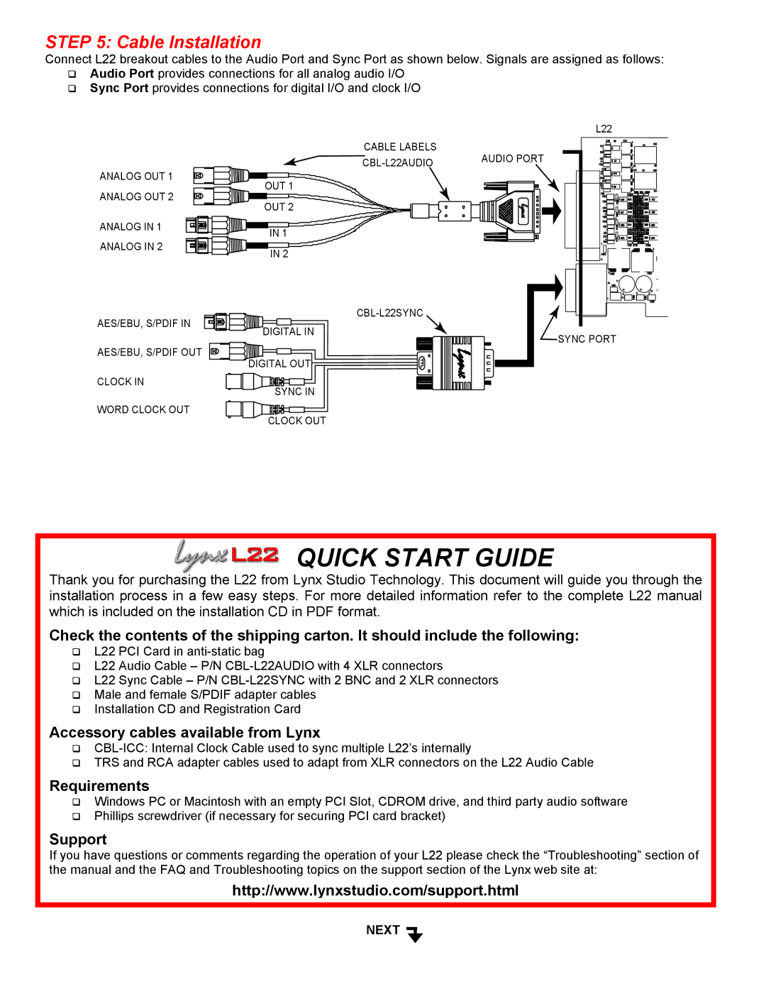 Lynx Audio Cable quick start Cable Installation, Accessory cables available from Lynx, Requirements, Support 