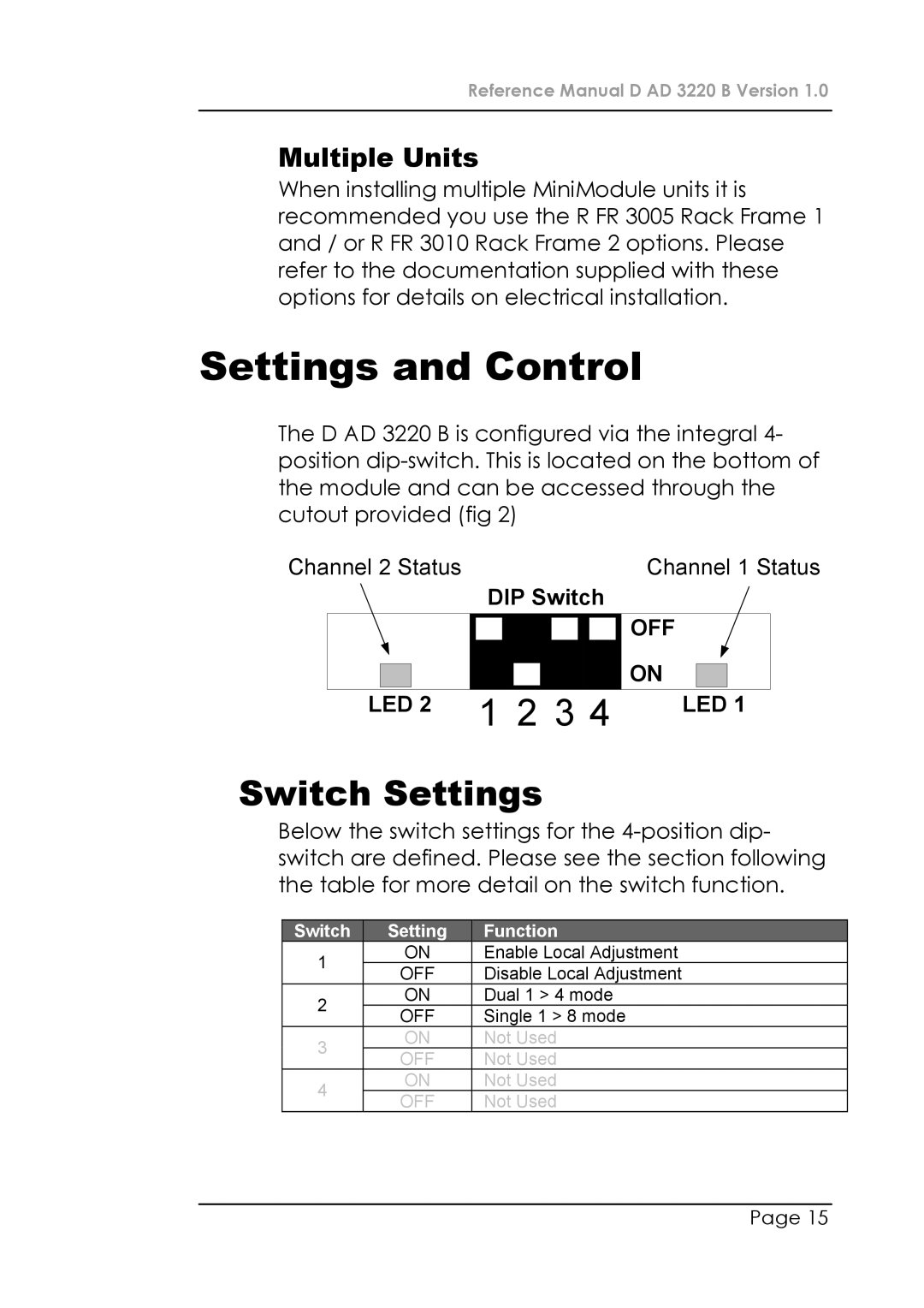 Lynx D AD 3220 B manual Settings and Control, Switch Settings 