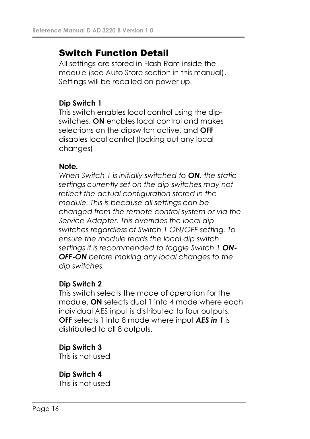 Lynx D AD 3220 B manual Switch Function Detail, Dip Switch 