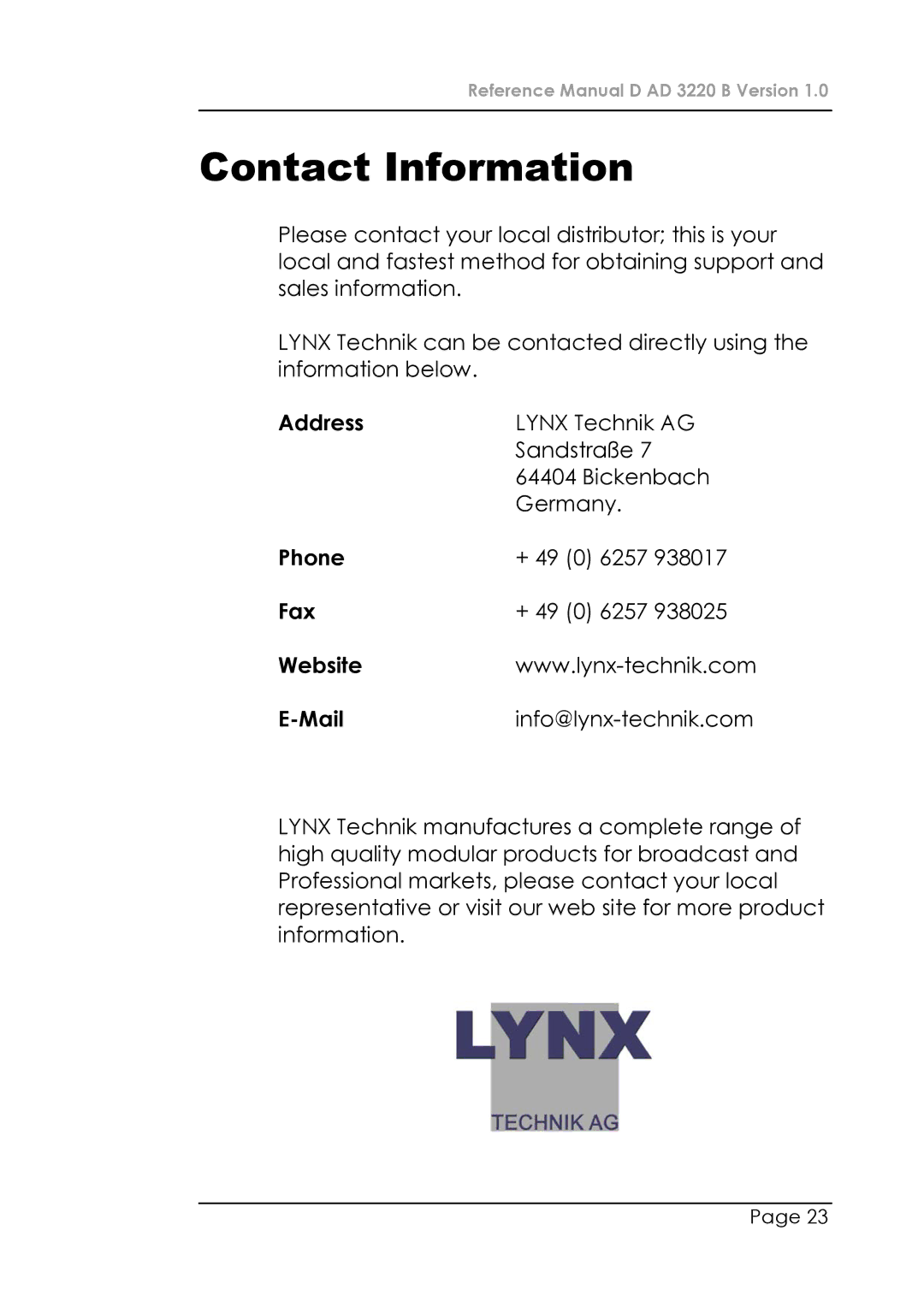 Lynx D AD 3220 B manual Contact Information, Website Mail 