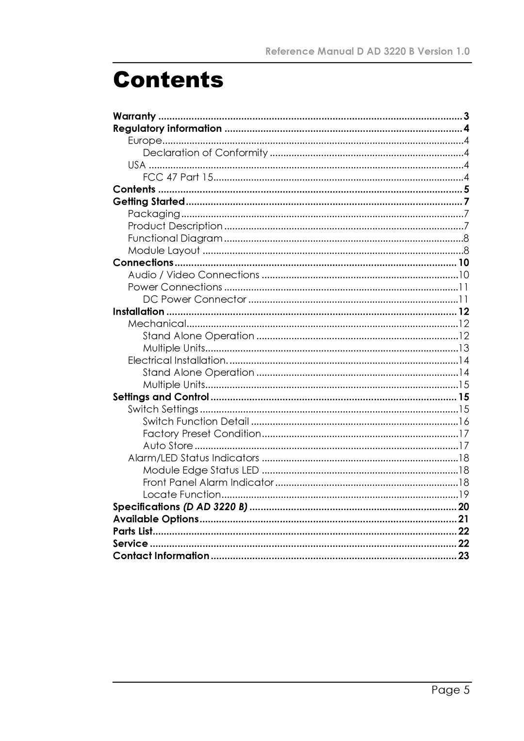 Lynx D AD 3220 B manual Contents 