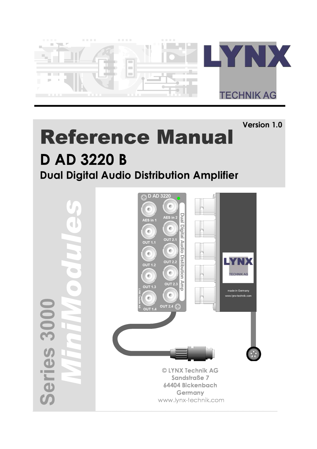 Lynx D AD 3220 B manual Reference Manual Version, MiniModules, Series, Dual Digital Audio Distribution Amplifier, D Ad 