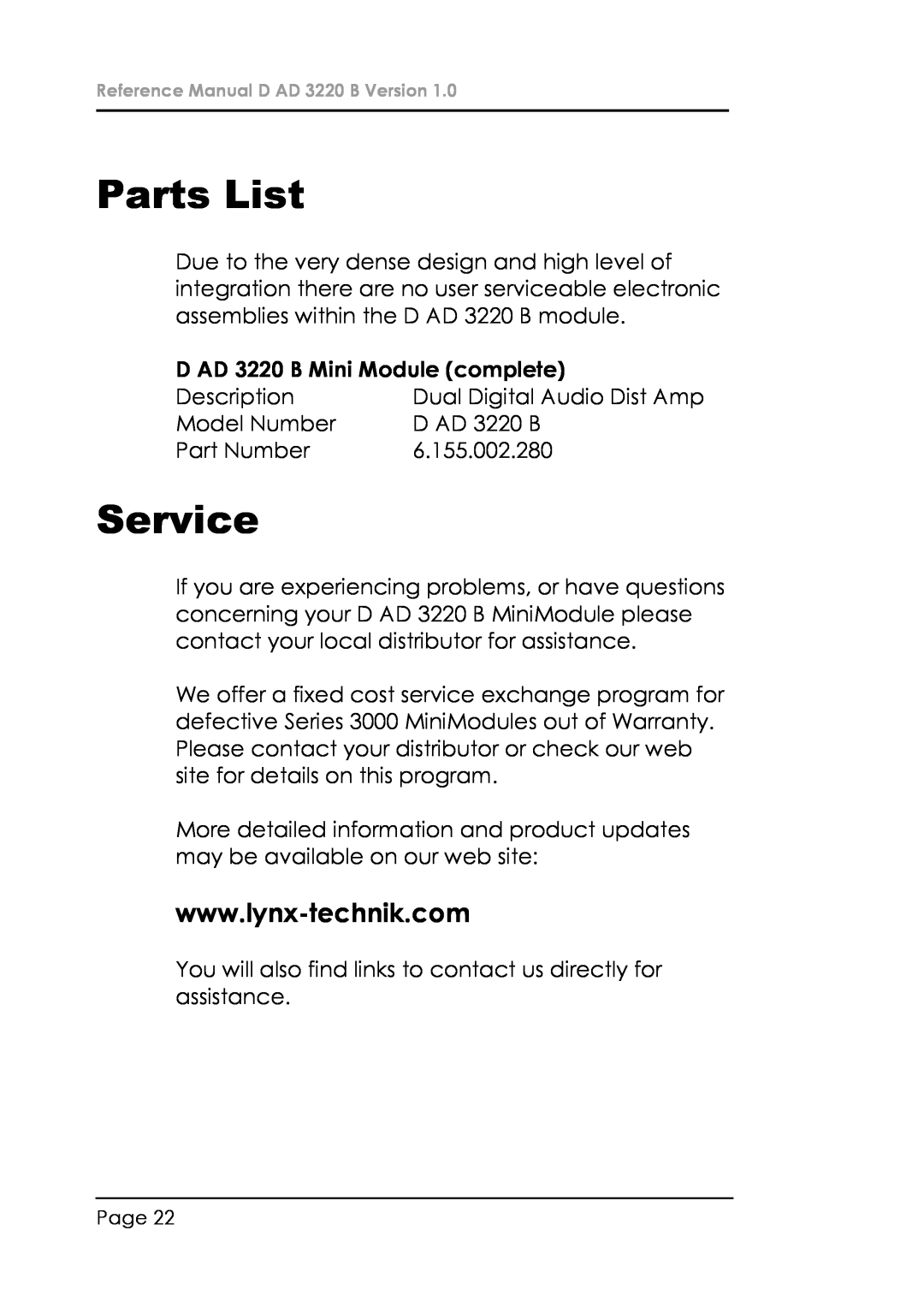 Lynx manual Parts List, Service, D AD 3220 B Mini Module complete 