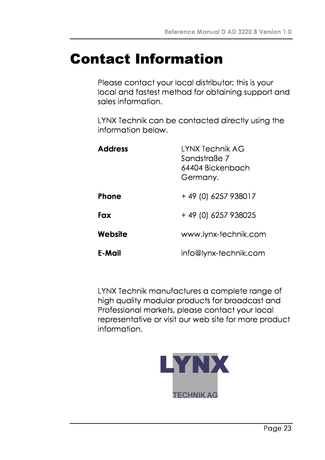 Lynx D AD 3220 B manual Contact Information, Address, Phone, Website, E-Mail 