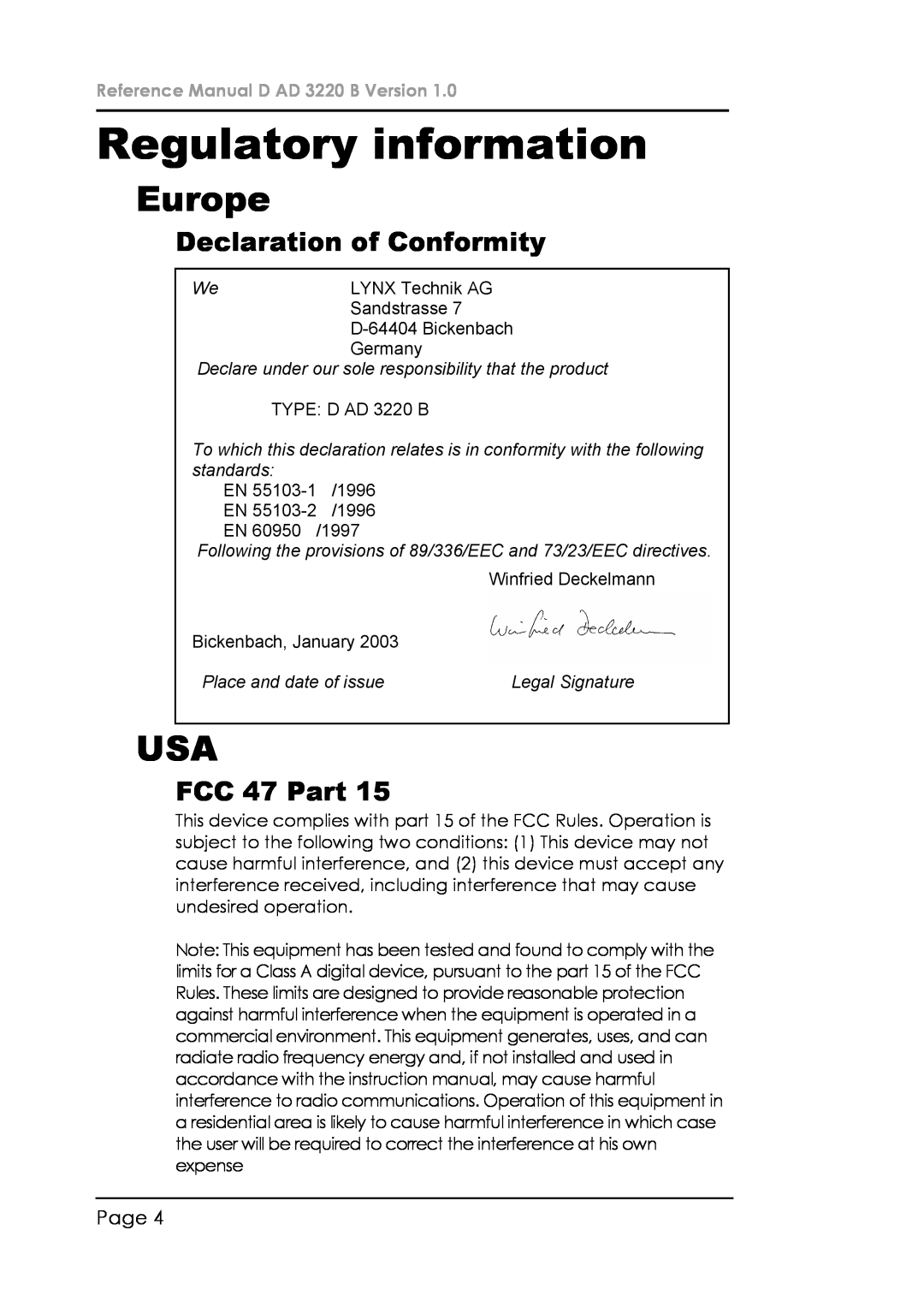 Lynx D AD 3220 B manual Regulatory information, Europe, Declaration of Conformity, FCC 47 Part, Page, LYNX Technik AG 