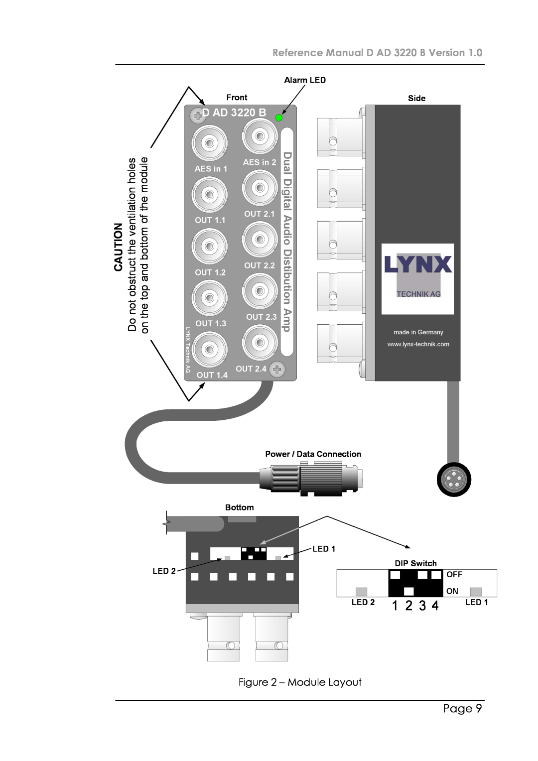 Lynx 1 2 3, Page, Reference Manual D AD 3220 B Version, Digital, Alarm LED Front, AES in, Distibution, Side, DIP Switch 