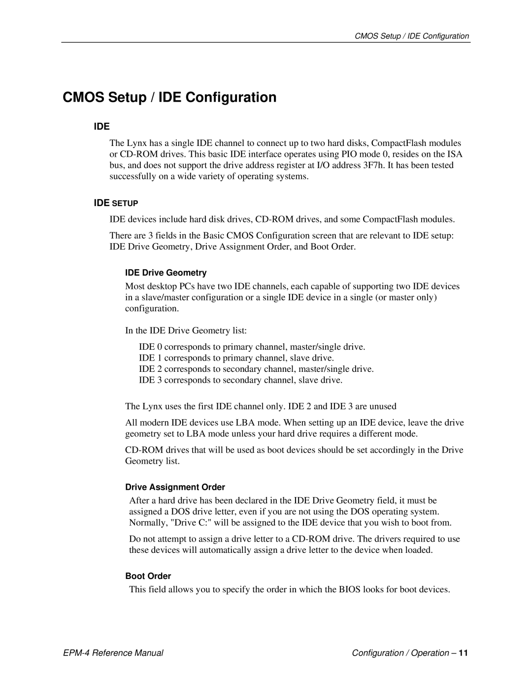 Lynx EPM-4 manual Cmos Setup / IDE Configuration, IDE Drive Geometry, Drive Assignment Order, Boot Order 