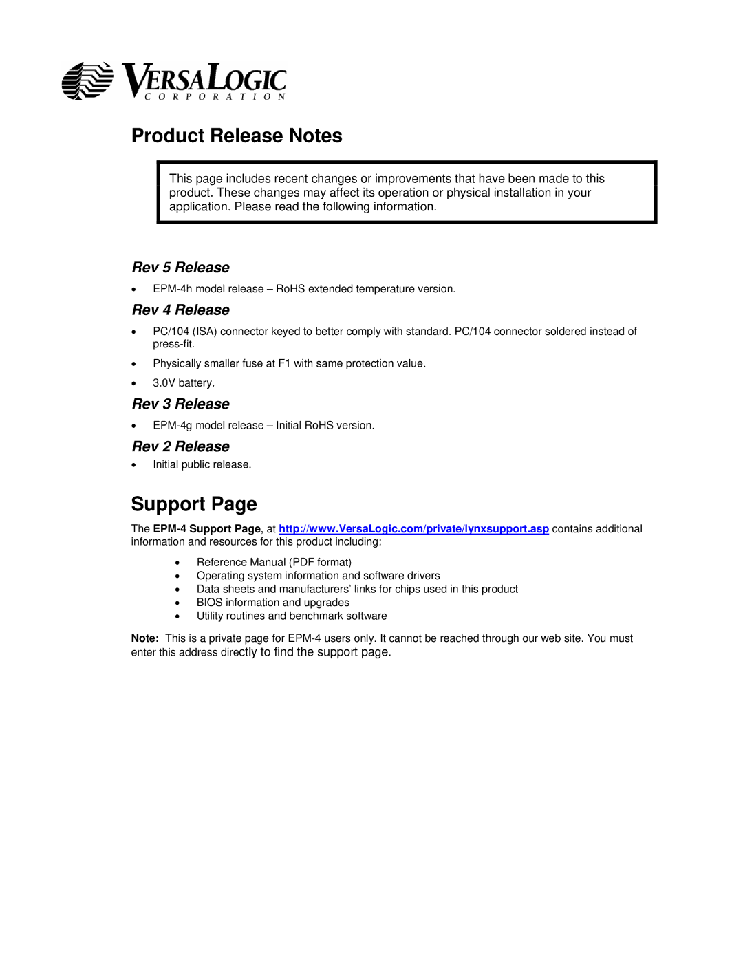 Lynx EPM-4 manual Product Release Notes, Support 