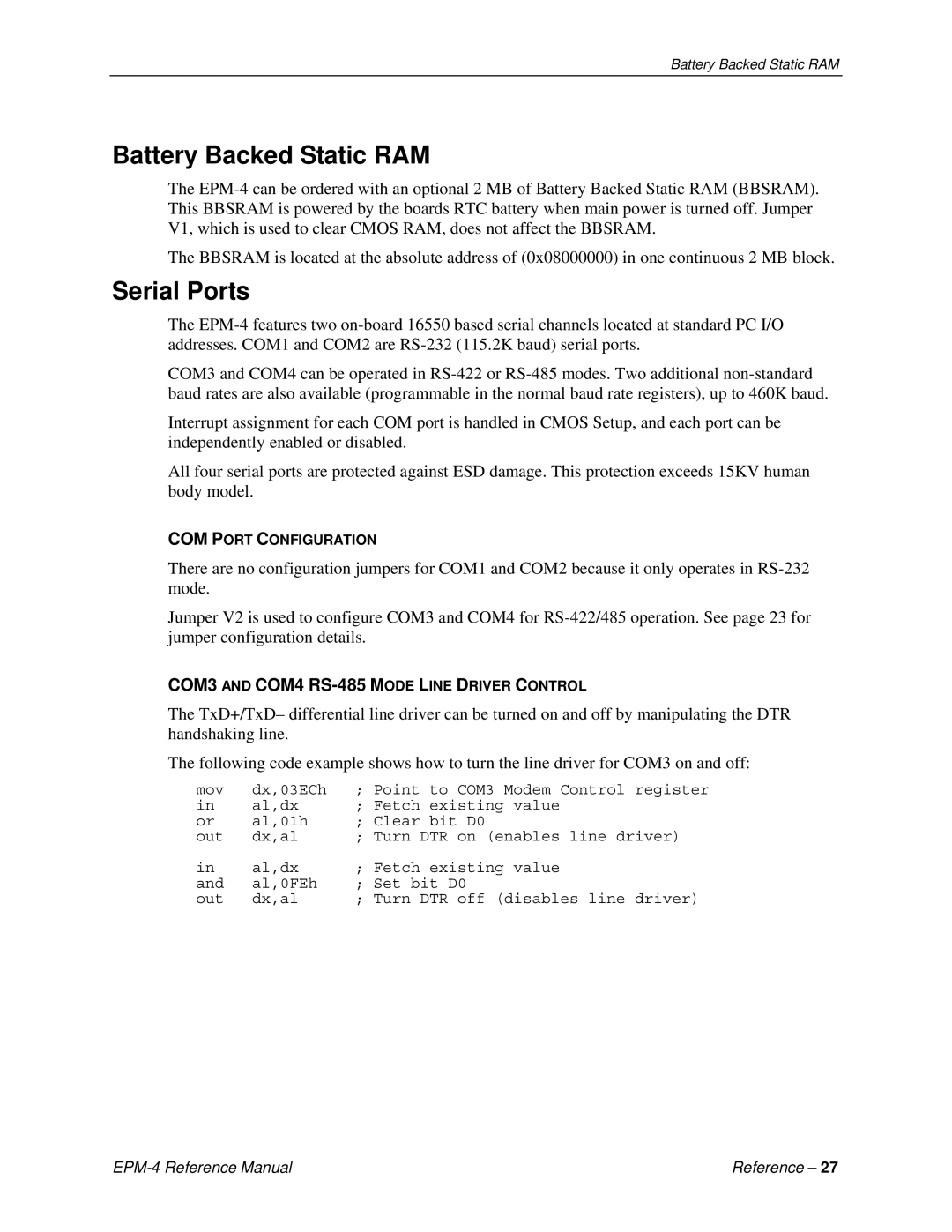 Lynx EPM-4 manual Battery Backed Static RAM, Serial Ports 